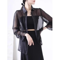 批发雪纺衬衫女夏季2024新款吊带外搭<b class='q'>透明</b>超薄款防晒衣服正肩薄纱衬衣