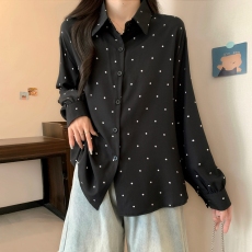 批发夏装大码女装chic赫本风翻领撞色波点宽松百搭<b class='q'>长袖</b>衬衫