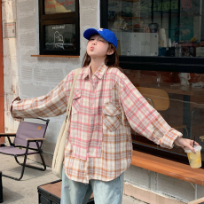 批发实拍美式复古不规则拼接格纹<b class='q'>衬衫</b>女设计感<b class='q'>情侣</b><b class='q'>百搭</b>长袖上衣