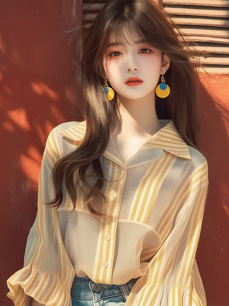 2024 이른 가을 새로운 셔츠 폭발 작은 대중 Chic 고급 센스 한 부서 연령 감소 크림 황색 스트라이프 긴팔 맨위
