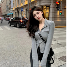 批发原版做法灰色高级感外套女设计感修身显瘦开衫辣妹纯欲短上衣