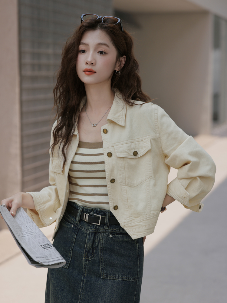 실사 소금 부서 워크웨어 재킷 2025 가을 새로운 작은 키 쇼트 스타일 폴로 칼라 캐주얼 데님 재킷 맨위 여성