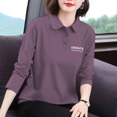 批发纯棉翻领长袖t恤女士<b class='q'>春</b>秋季新款纯色印花妈妈装polo衫上衣大码潮