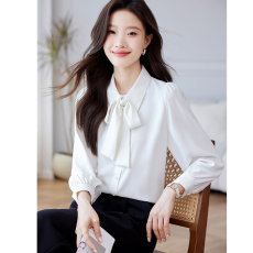 批发实拍2026春季新款韩版百搭蝴蝶结系带长袖衬衫女打底上衣