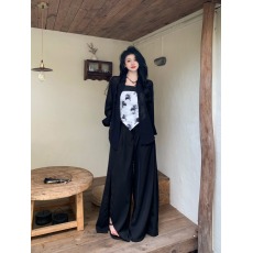 批发实拍 微胖mm春季新款国风三件套套装防晒衬衣+扎染背心+开衩西裤