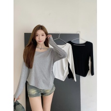 批发长袖T恤女<b class='q'>春</b>秋收腰显瘦白色纯欲不规则上衣