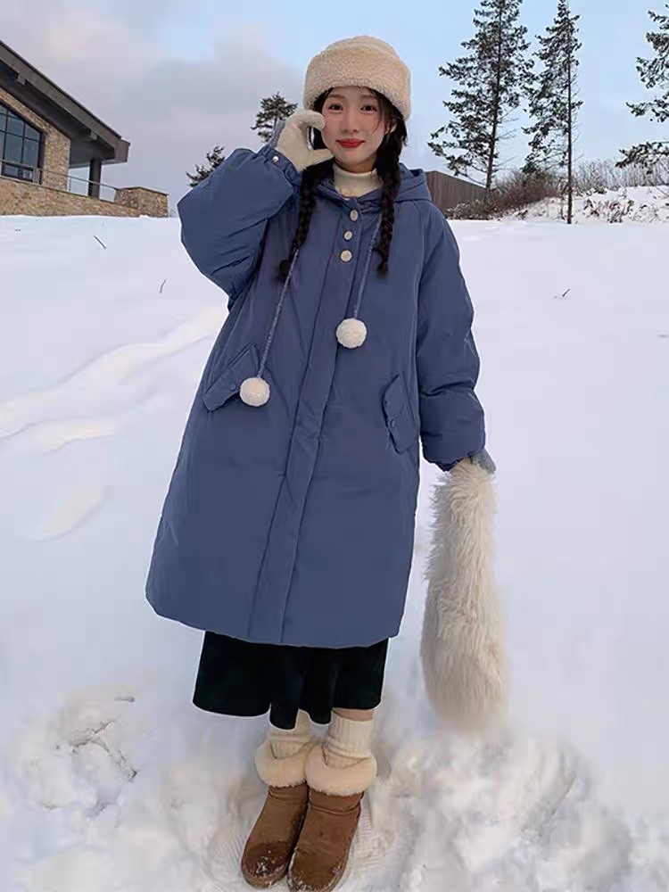 고급 센스 후드 미니멀리즘 데님 블루 면 의류 여성 가을 겨울 귀여운 연령 감소 달콤함 면 옷 보온 중간 길이 재킷