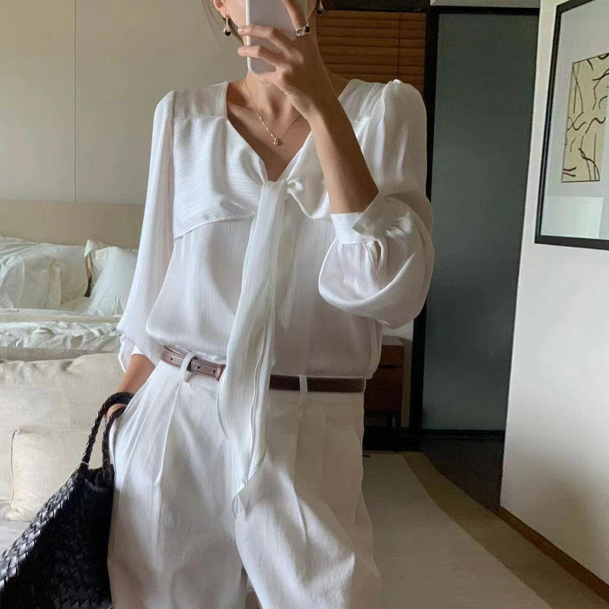 크기 있음 업데이트 ins 보 주님 섹션 프랑스식 품격 우아함 다용도 레이스업 같이 갔다. 칼라 셔츠 여성 셔츠