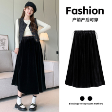 批发实拍孕妇黑色金丝绒半身中长裙秋冬新款春秋百搭显瘦a字中长伞裙