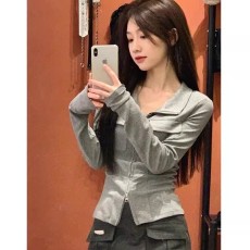 批发辣妹灰色双拉链polo领长袖t恤女春<b class='q'>秋</b>2026新款收腰显瘦短款上衣ins