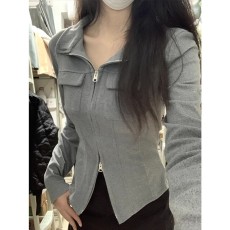 批发纯欲风辣妹POLO领打底衫女春<b class='q'>秋</b>设计感修身短款双拉链长袖上衣外套