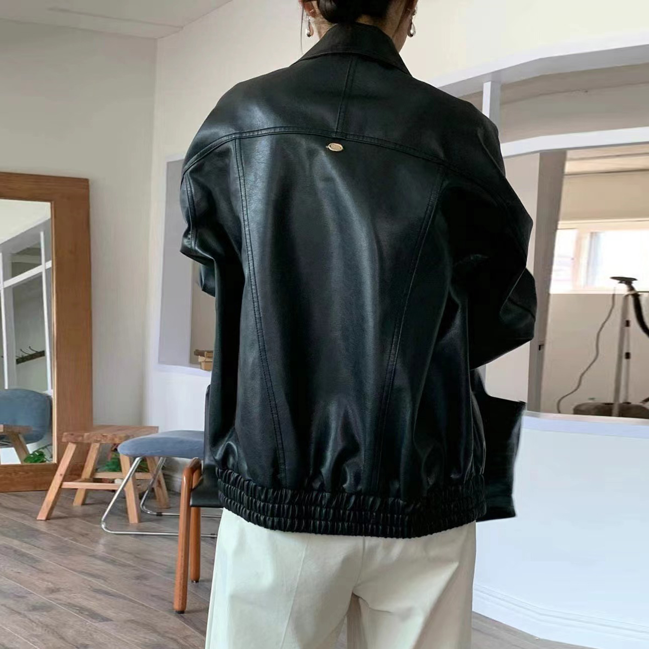 크기 있음 업데이트 프랑스식 잘 생긴 마 오래된 폴로 칼라 지퍼 루즈핏 다용도 BF 바람 오토바이 서비스 PU 가죽 외투