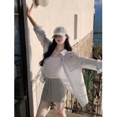 批发2026新款韩版蓝色条纹防晒<b class='q'>衬衫</b>女叠穿宽松慵懒<b class='q'>长袖</b>上衣服