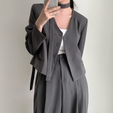 批发<b class='q'>韩国</b>chic秋季法式高级感V领百搭西服外套+高腰垂感休闲裤长裤套装