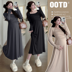 批发实拍~早春2026新款宽松大码方领高腰<b class='q'>连衣裙</b>新款赫本风打底裙