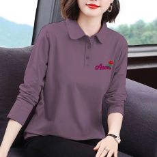 批发纯棉翻领长袖t恤女士<b class='q'>春</b>秋季新款纯色印花妈妈装polo衫上衣大码潮