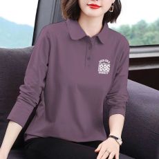 批发2025新款翻领长袖t恤女印花时尚韩版<b class='q'>春</b>秋修身妈妈洋气polo衫上衣