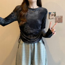 批发实拍大码女装胖mm2026春季美式复古扎染抽绳上衣百搭显瘦长袖T桖