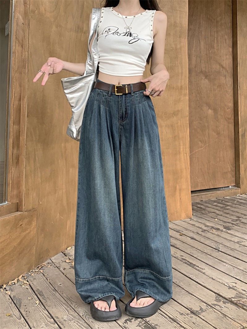 MY11553# 复古蓝阔腿牛仔裤女夏季薄款高腰压褶直筒梨型身材显瘦宽松拖地裤女裝貨源服裝批發