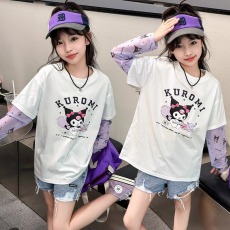 批发女童假两件T恤2024新款秋季时髦中大<b class='q'>儿童</b>宽松休闲短袖拼接<b class='q'>防晒衣</b>