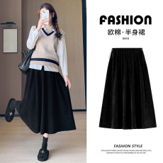 批发实拍孕妇欧棉绒灯芯绒半身中长裙秋冬新款春秋显瘦a字中长裙伞裙