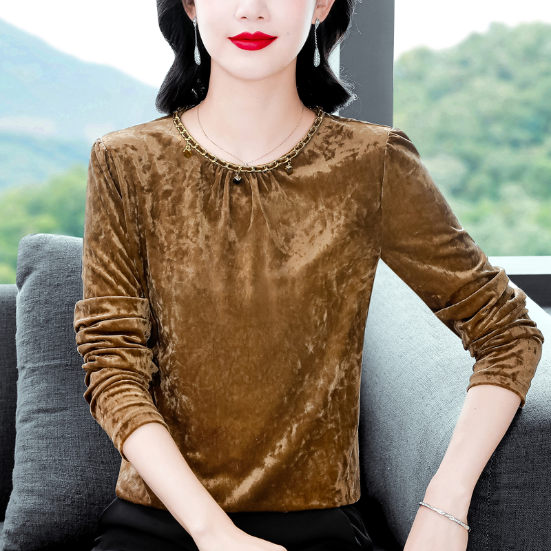 PF19827#新款长袖金丝绒T恤衫女上衣洋气小衫打底衫修身显瘦百搭女裝貨源服裝批發