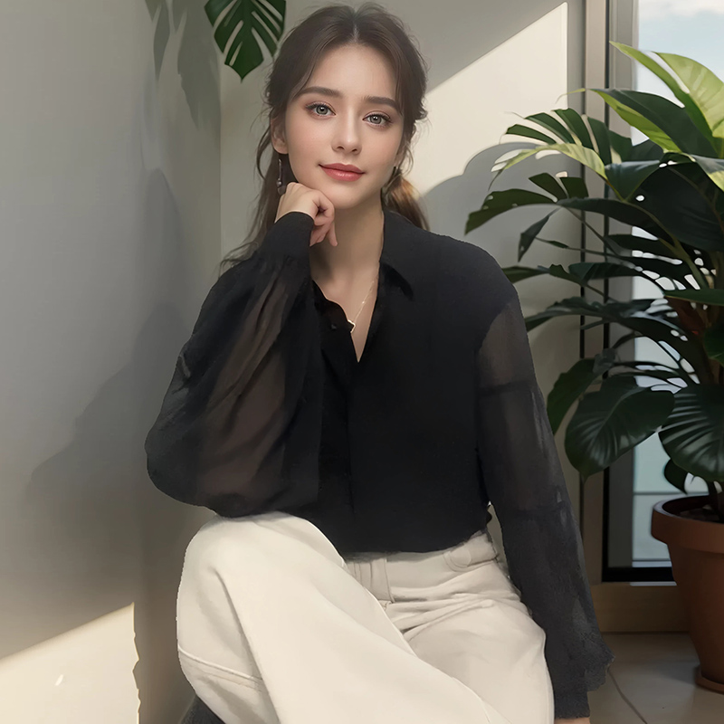 실사 2026 새로운 검정색 고급 센스 벌룬 소매 쉬폰 셔츠 품격 맨위
