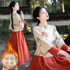 批发新中式国风改良旗袍宽松保暖鹿皮绒复古上衣半身裙两件套 游园