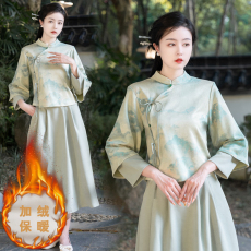 批发新中式国风改良旗袍宽松保暖鹿皮绒复古上衣半身裙两件套 岱山