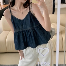 批发牛仔吊带时尚气质褶皱设计荷叶边宽松V领内搭无袖背心上衣女