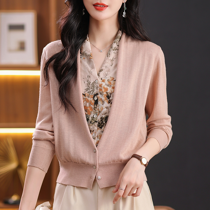 PF20257#水墨画贵妃领早秋假二件针织开衫百搭时尚轻奢针织衫女裝貨源服裝批發