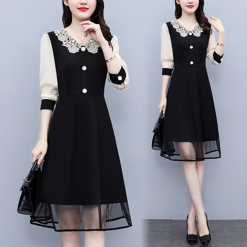 PF19894#刺绣翻领大码女装秋季胖mm网纱拼接高端大气修身减龄中年连衣裙女女裝貨源服裝批發