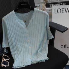 批发天丝亚麻透气短袖<b class='q'>针织</b><b class='q'>开衫</b>女百搭显瘦T恤上衣打底衫夏