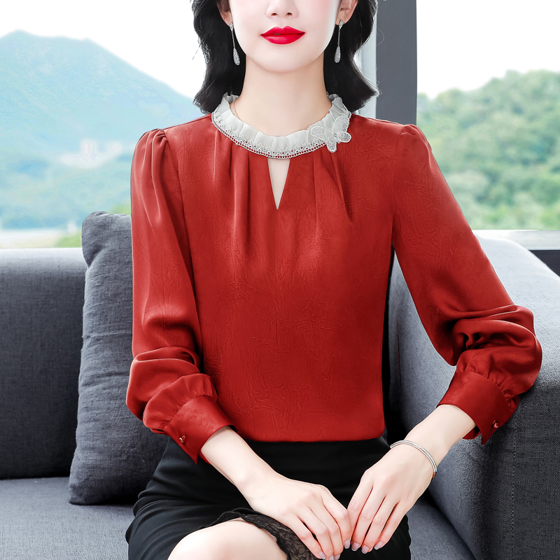 PF19826#新款立领长袖雪纺衫女上衣遮肚子衬衫百搭显瘦减龄小衫女裝貨源服裝批發