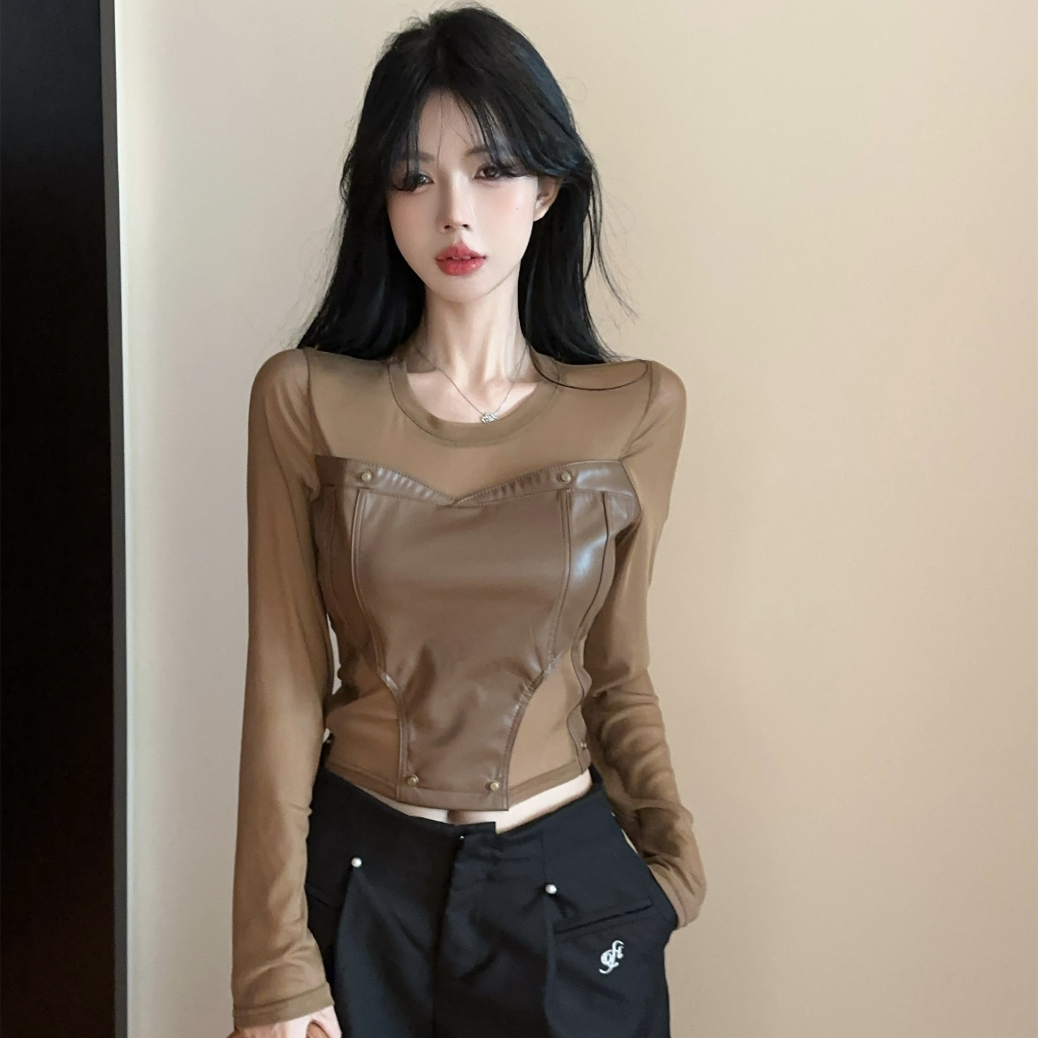 PF19880#女装时髦时尚修身显瘦网纱拼接PU皮上衣女女裝貨源服裝批發