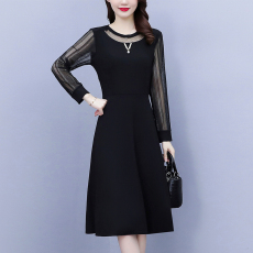 批发秋季大码女装轻熟风<b class='q'>胖</b>mm<b class='q'>黑色</b>长袖中年妈妈装修身显瘦遮肚连衣裙