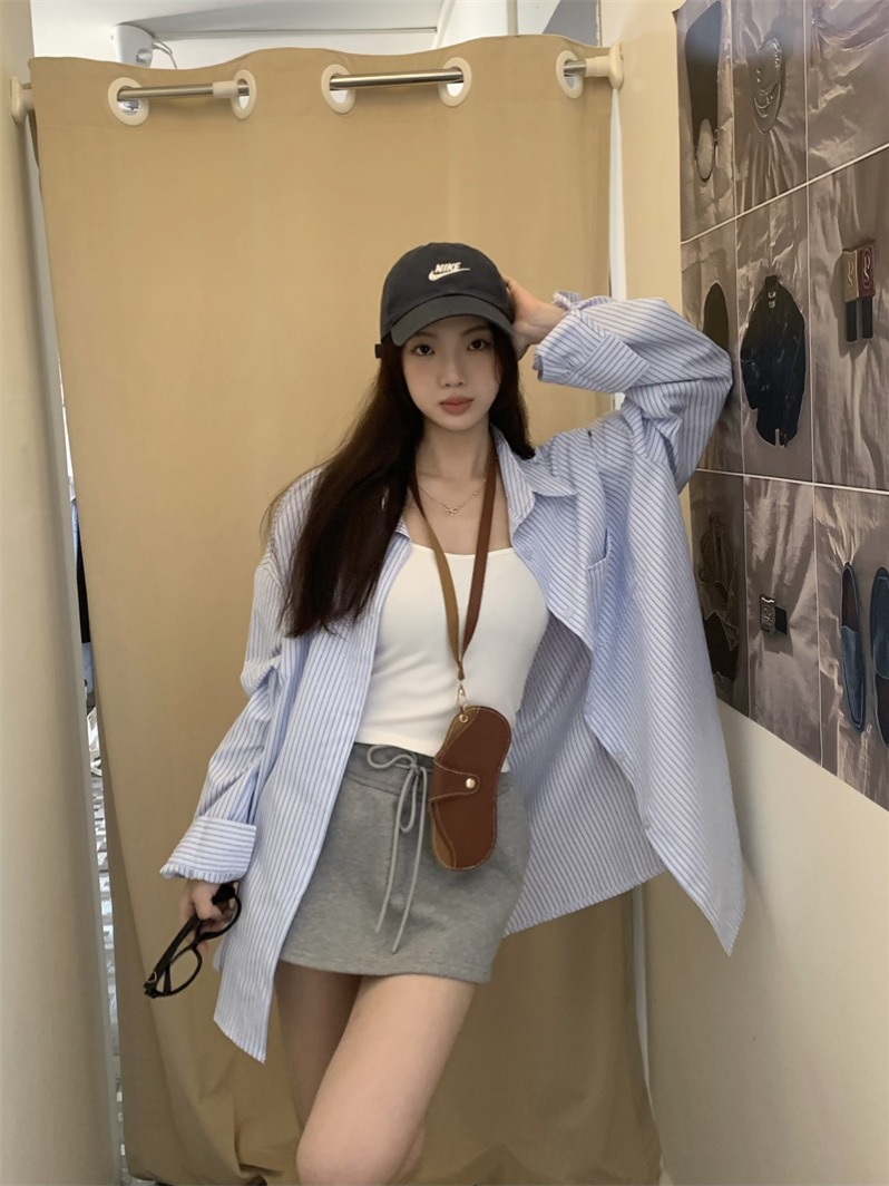 실사 정가 이른 가을 아메리칸 bm 느긋한 루즈핏 스트라이프 긴팔 셔츠 루즈핏 셔츠