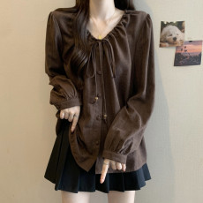 批发实拍大码女装春装新款V领宽松减龄遮肉百搭长袖气质收腰衬衫上衣