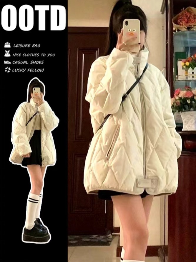 菱格羽绒棉服女2024新款薄款冬季棒球服oversize棉袄韩系棉衣外套