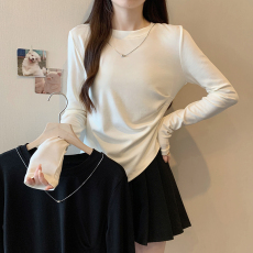 批发实拍大码女装春款胖mm气质百搭设计感褶皱收腰显瘦长袖T恤上衣