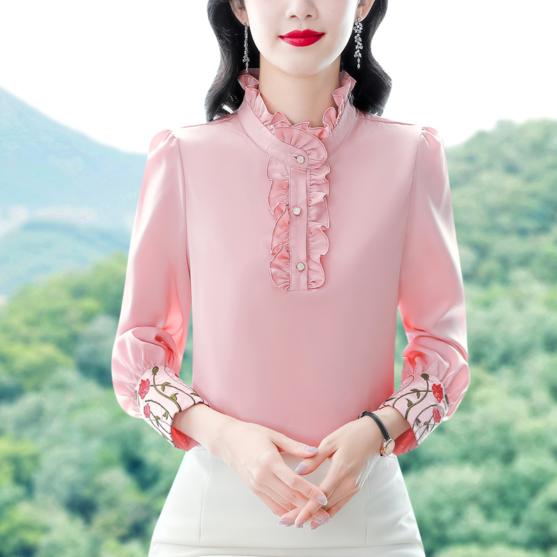 실사 2026 봄 실크 셔츠 여성 긴 소매 새로운 자수 새틴 맨위 품격 슬림해 보이는 만나는