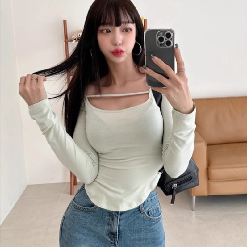 한국 동대문 가을과 겨울 새로운 슬림 피트 이슬 쇄골 낮은 칼라 빈 광장 칼라 단단한 디스플레이 몸 긴 소매 티셔츠 여자