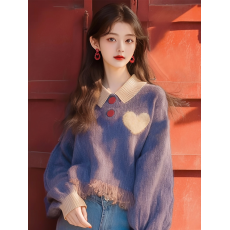 批发2025早秋新款设计感毛衣宽松慵懒高级感软糯减龄紫色流苏针织上衣