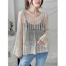 批发实拍春装新款韩国披肩长袖上衣镂空网衫针织罩衫女性感薄款蕾丝衫