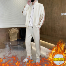 批发高品质春秋男士纯棉加绒潮牌时尚拼色百搭休闲开衫卫衣两件套装