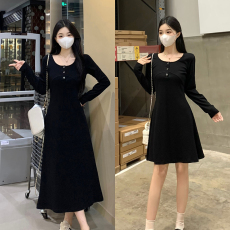 批发纯棉胖mm<b class='q'>大码</b>小黑裙a字休闲连衣裙女春打底显瘦遮肚高级感裙子