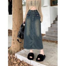 批发实拍 高腰后开叉<b class='q'>牛仔</b>半身裙2025早秋新款复古小个子显瘦a字包臀裙