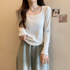 批发大码方领长袖t恤女2026秋季新款胖mm遮肉显瘦白色打底衫内搭上衣