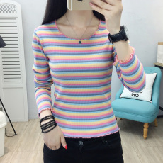 批发实拍 32支纯棉木耳边条纹长袖T恤<b class='q'>女装</b>内搭打底衫秋衣外穿春秋