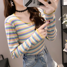 批发实拍 32支纯棉木耳边条纹长袖T恤<b class='q'>女装</b>内搭打底衫秋衣外穿春秋